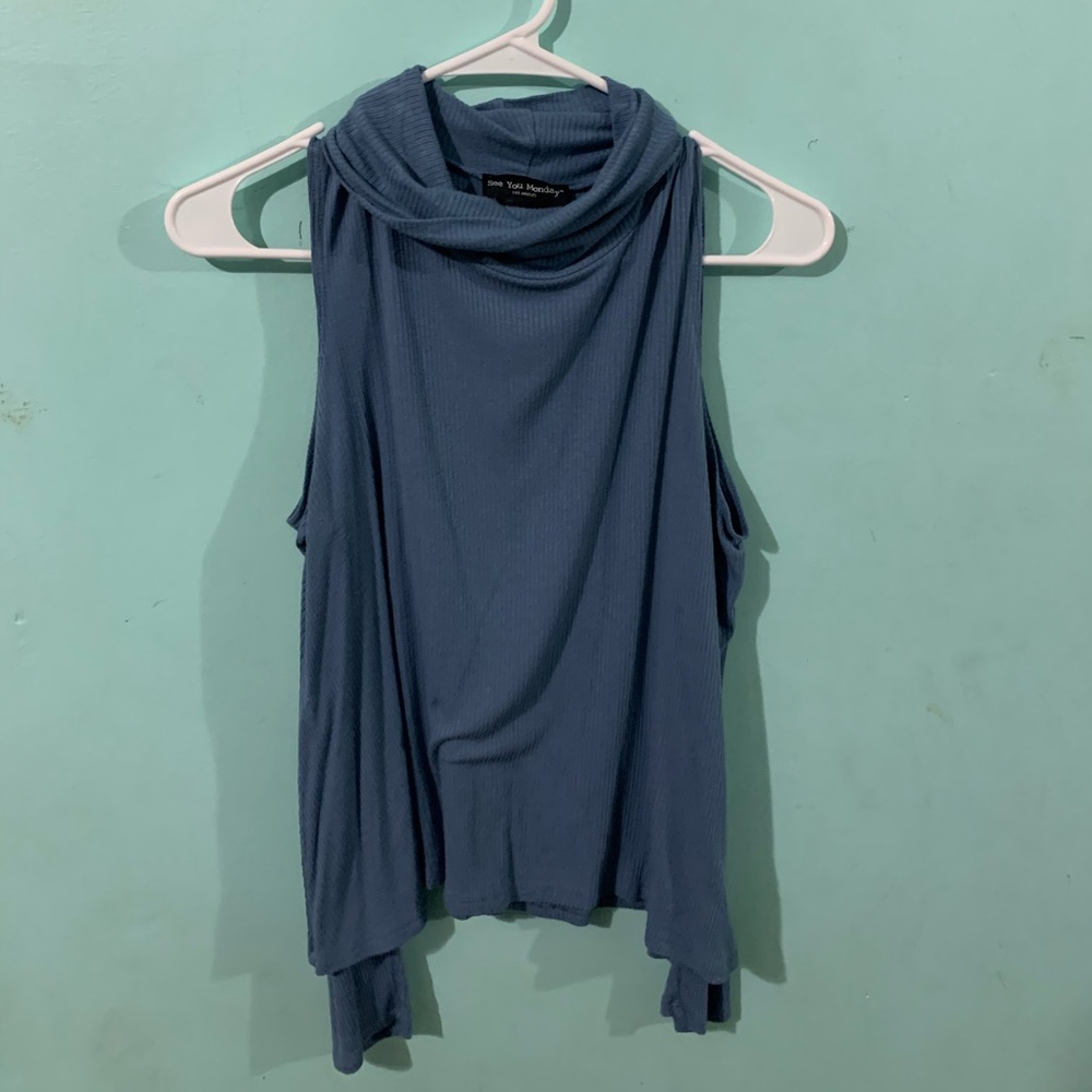 Blue Turtle Neck Long Sleeve Shoulder-less Top